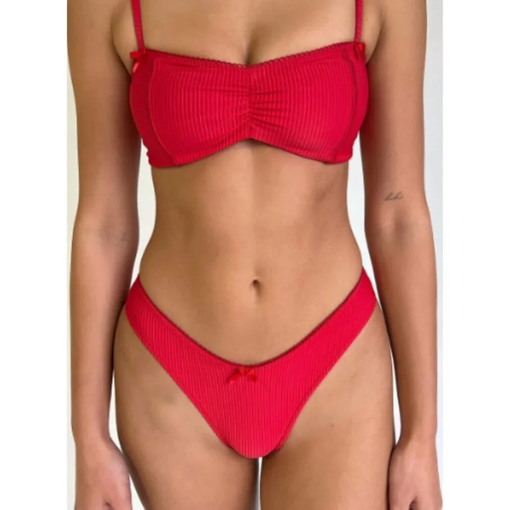 New! Frankie's Bikinis Vibrant Red Enzo Ribbed Cheeky Bikini Bottom 1485